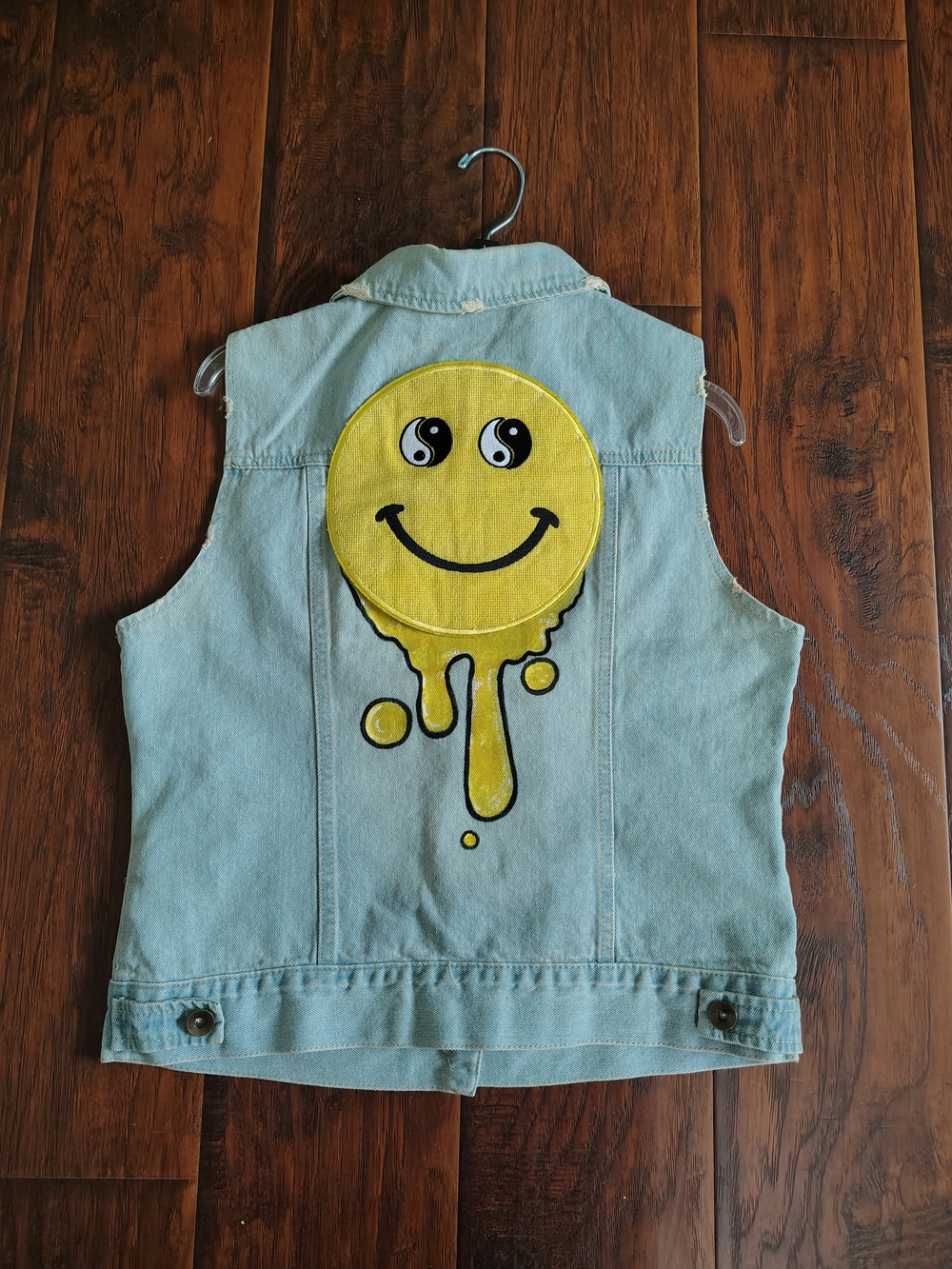 Custom melting smiley facen Sleeveless denim vest with spike studs Size M